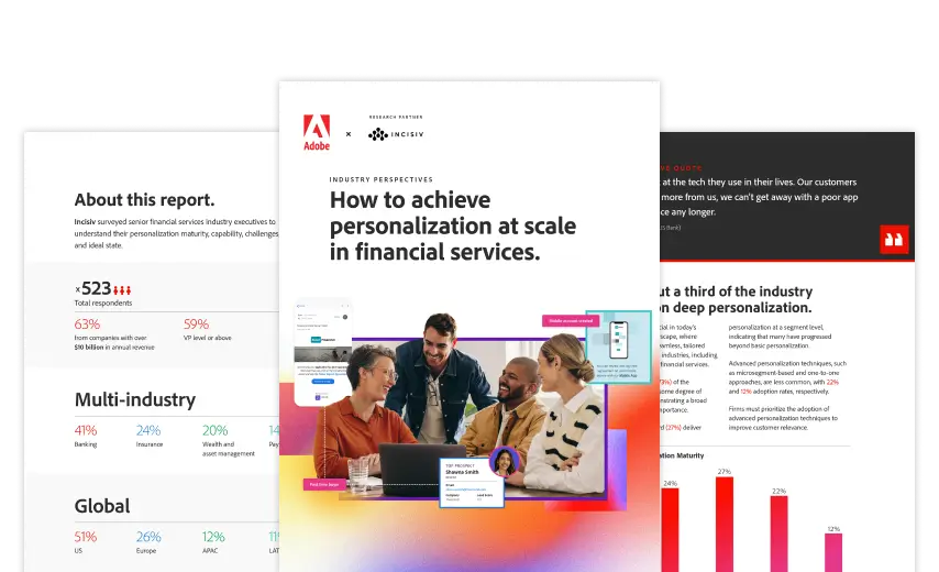 A collage of pages from an Adobe report titled 'How to achieve personalization at scale in financial services'